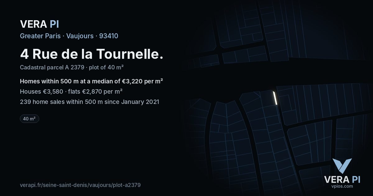 4 Rue de la Tournelle, Vaujours at night – the plot lit, the parcels around coloured by the prices near them