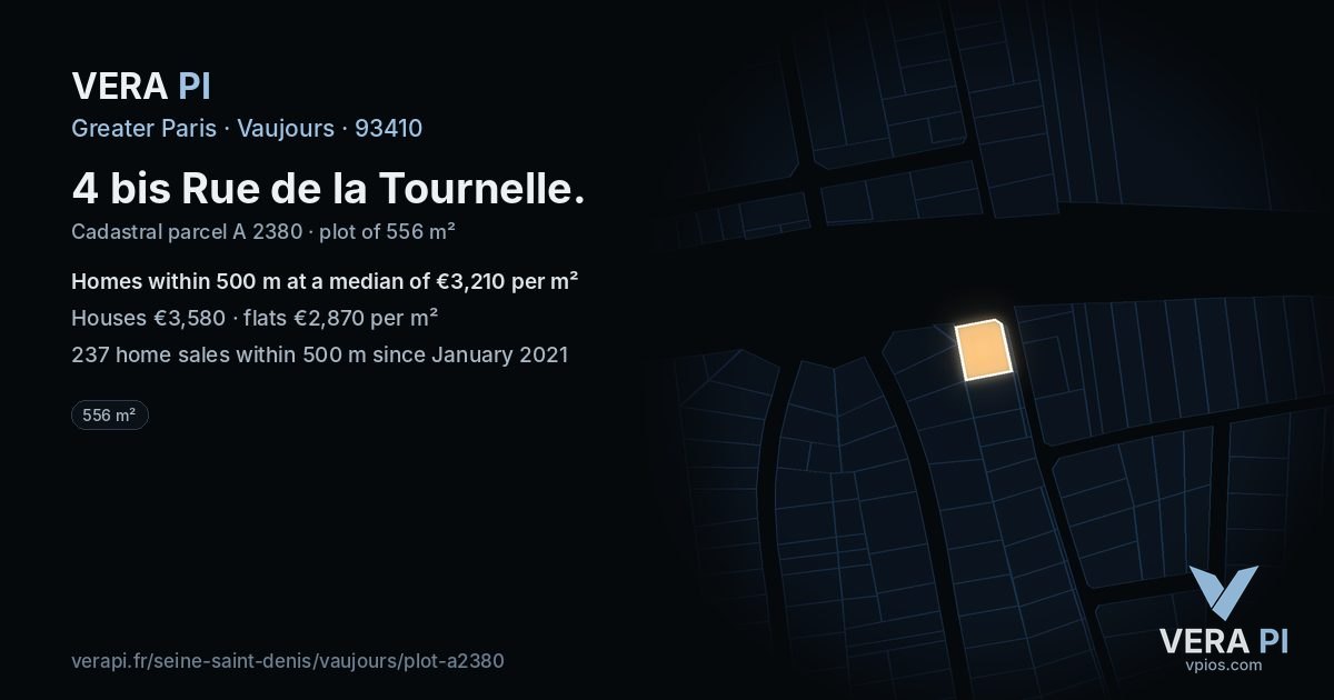 4 bis Rue de la Tournelle, Vaujours at night – the plot lit, the parcels around coloured by the prices near them