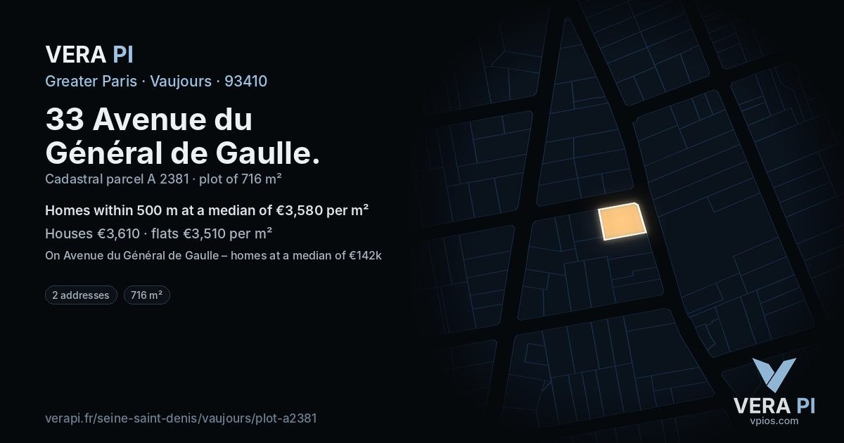 33 Avenue du Général de Gaulle, Vaujours at night – the plot lit, the parcels around coloured by the prices near them