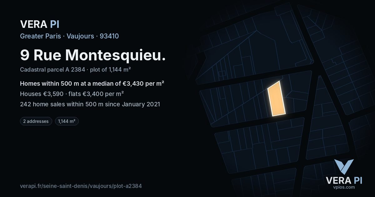 9 Rue Montesquieu, Vaujours at night – the plot lit, the parcels around coloured by the prices near them