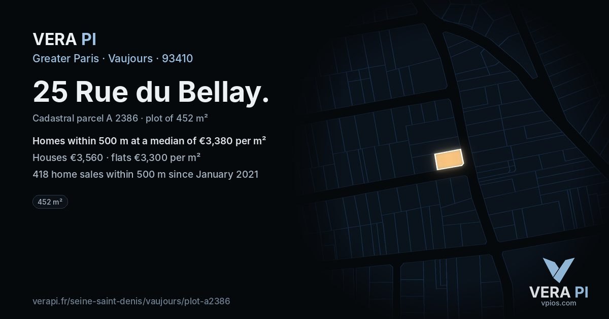 25 Rue du Bellay, Vaujours at night – the plot lit, the parcels around coloured by the prices near them