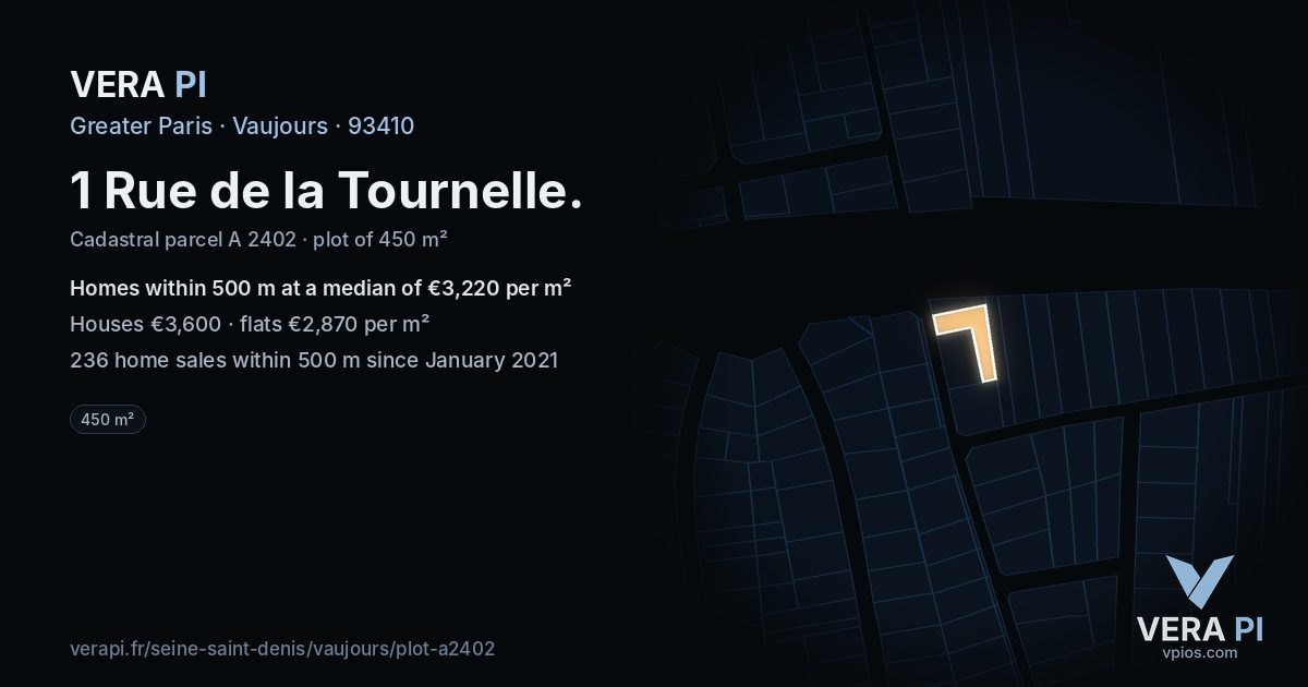 1 Rue de la Tournelle, Vaujours at night – the plot lit, the parcels around coloured by the prices near them