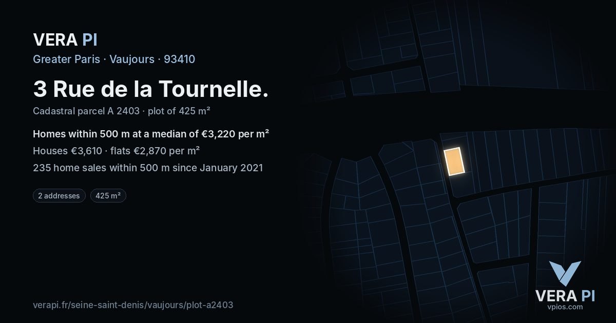 3 Rue de la Tournelle, Vaujours at night – the plot lit, the parcels around coloured by the prices near them