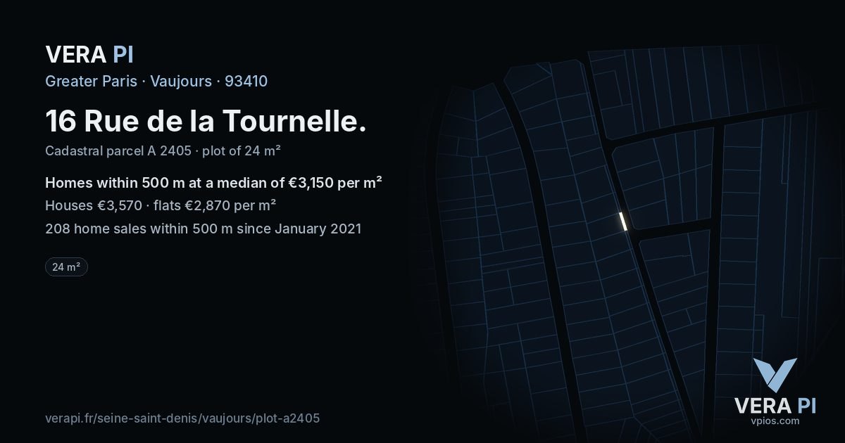 16 Rue de la Tournelle, Vaujours at night – the plot lit, the parcels around coloured by the prices near them