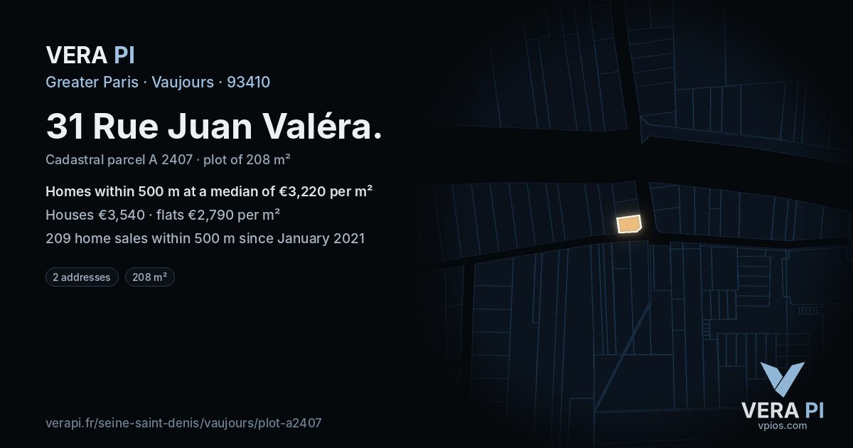 31 Rue Juan Valéra, Vaujours at night – the plot lit, the parcels around coloured by the prices near them