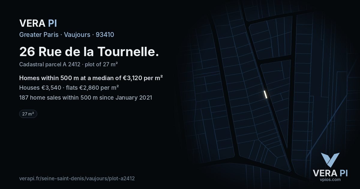 26 Rue de la Tournelle, Vaujours at night – the plot lit, the parcels around coloured by the prices near them
