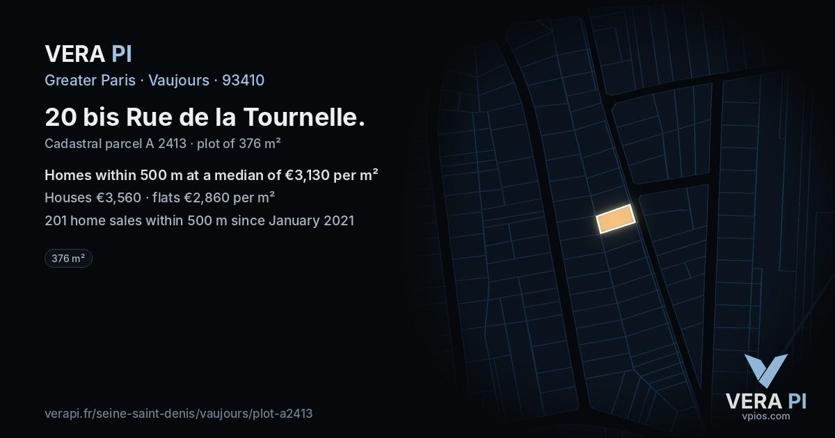 20 bis Rue de la Tournelle, Vaujours at night – the plot lit, the parcels around coloured by the prices near them