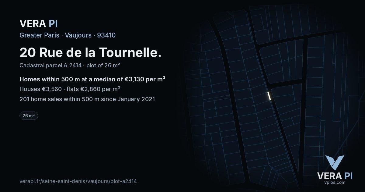 20 Rue de la Tournelle, Vaujours at night – the plot lit, the parcels around coloured by the prices near them