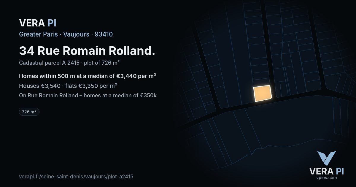 34 Rue Romain Rolland, Vaujours at night – the plot lit, the parcels around coloured by the prices near them