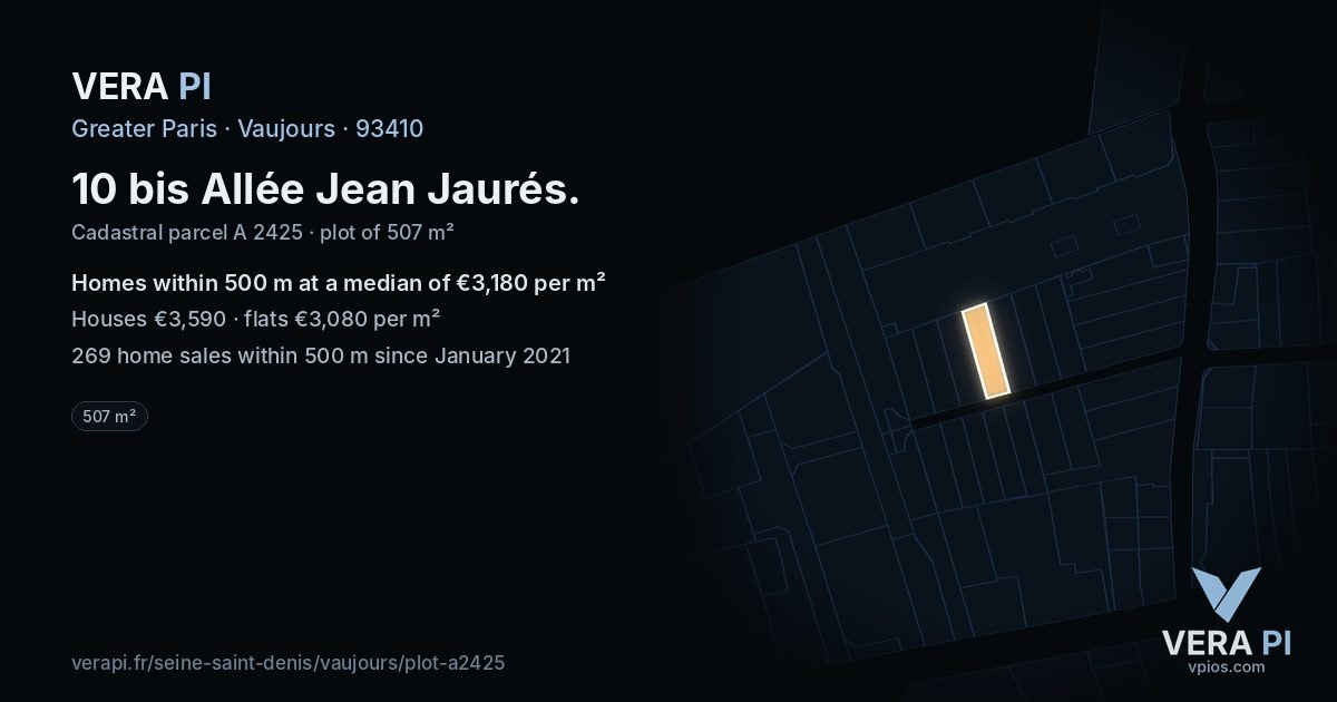 10 bis Allée Jean Jaurés, Vaujours at night – the plot lit, the parcels around coloured by the prices near them