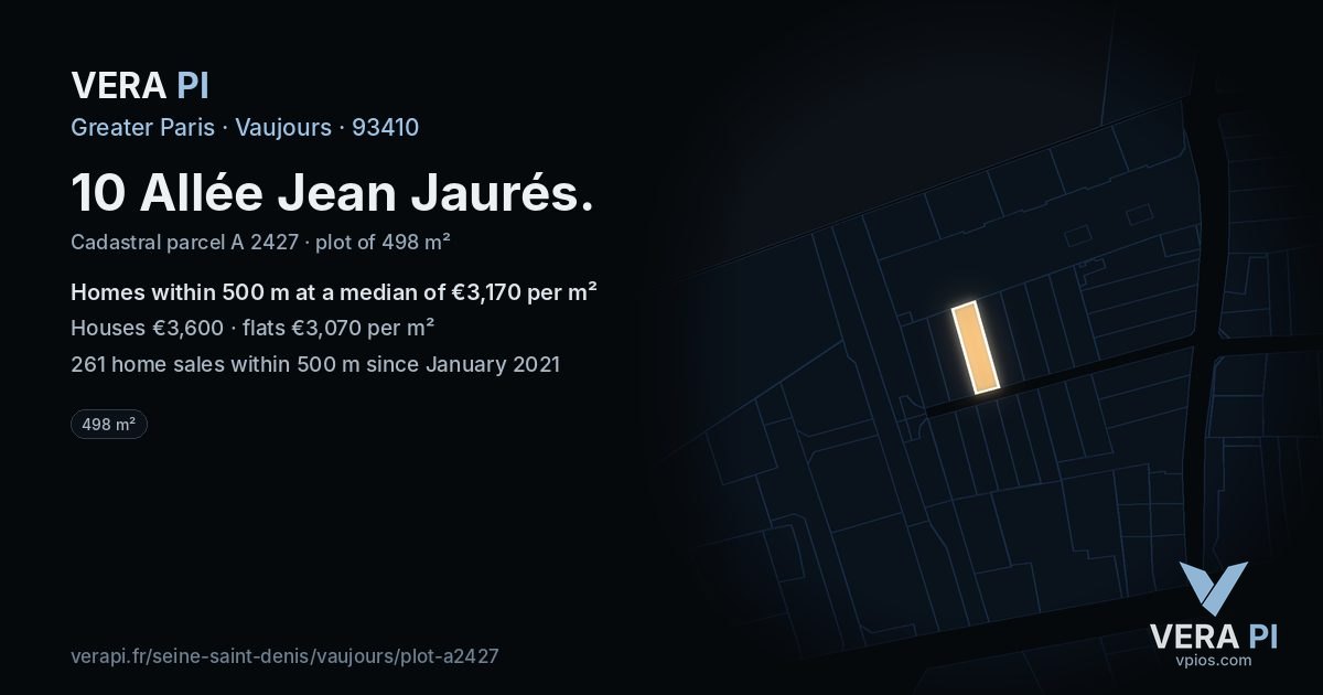10 Allée Jean Jaurés, Vaujours at night – the plot lit, the parcels around coloured by the prices near them