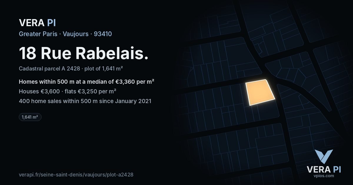 18 Rue Rabelais, Vaujours at night – the plot lit, the parcels around coloured by the prices near them