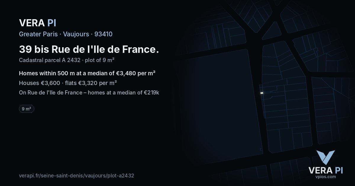 39 bis Rue de l'Ile de France, Vaujours at night – the plot lit, the parcels around coloured by the prices near them