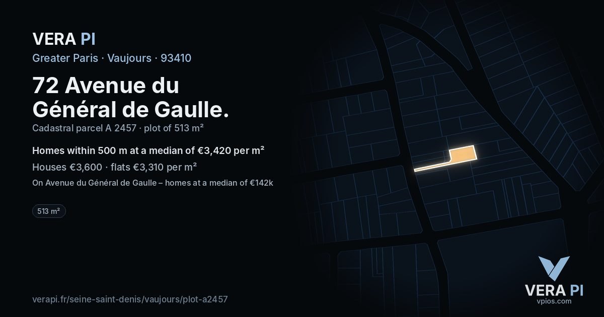 72 Avenue du Général de Gaulle, Vaujours at night – the plot lit, the parcels around coloured by the prices near them