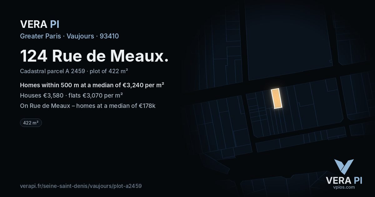 124 Rue de Meaux, Vaujours at night – the plot lit, the parcels around coloured by the prices near them