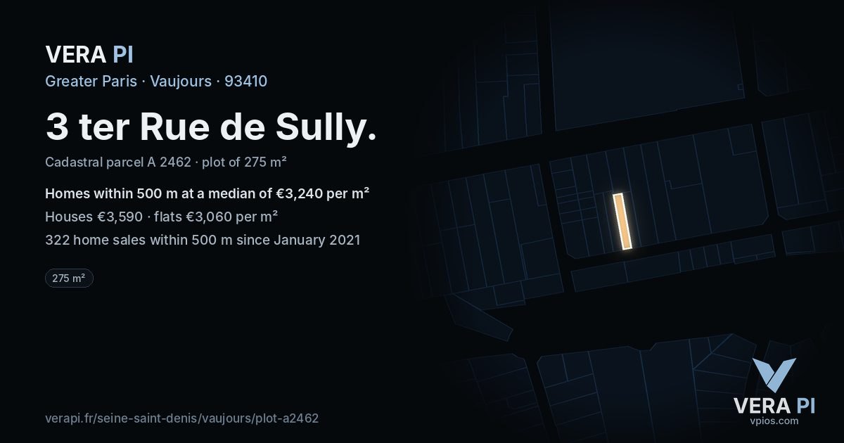 3 ter Rue de Sully, Vaujours at night – the plot lit, the parcels around coloured by the prices near them