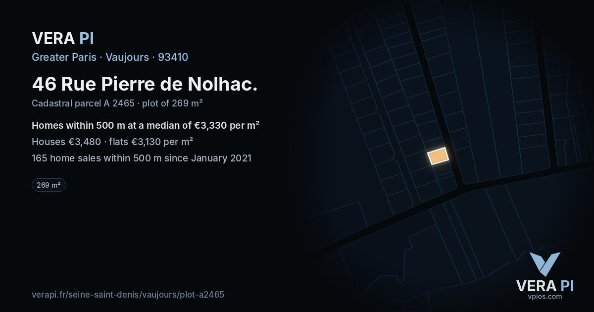 46 Rue Pierre de Nolhac, Vaujours at night – the plot lit, the parcels around coloured by the prices near them