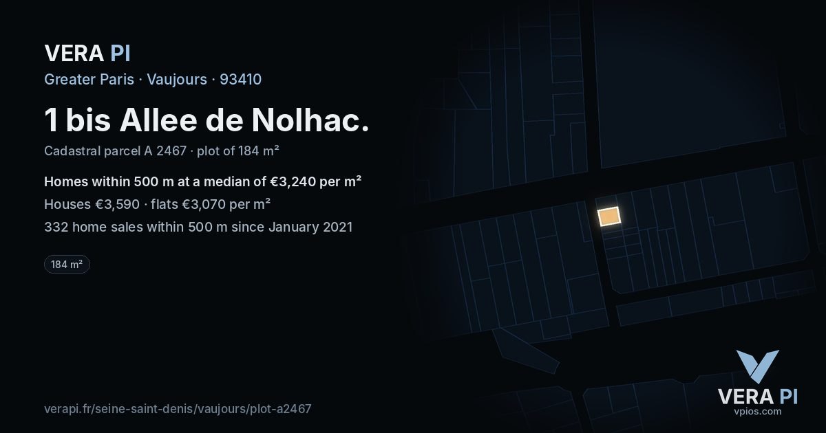 1 bis Allee de Nolhac, Vaujours at night – the plot lit, the parcels around coloured by the prices near them