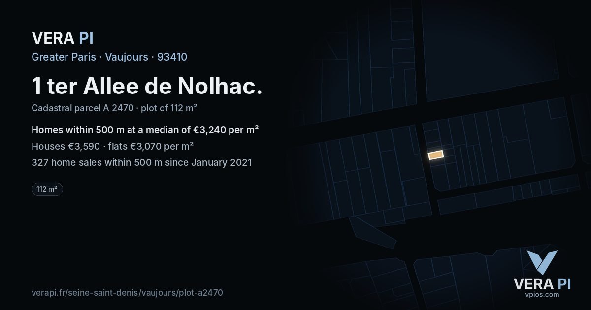 1 ter Allee de Nolhac, Vaujours at night – the plot lit, the parcels around coloured by the prices near them
