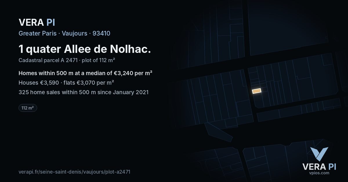 1 quater Allee de Nolhac, Vaujours at night – the plot lit, the parcels around coloured by the prices near them