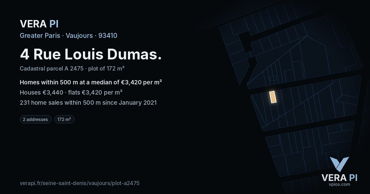 4 Rue Louis Dumas, Vaujours at night – the plot lit, the parcels around coloured by the prices near them