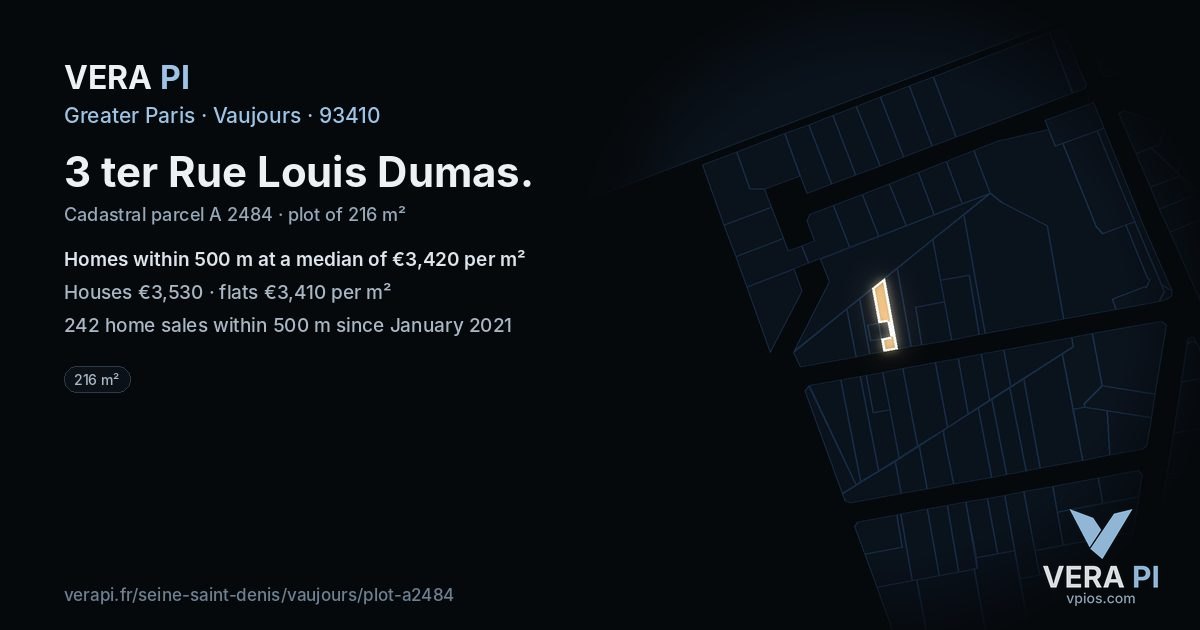 3 ter Rue Louis Dumas, Vaujours at night – the plot lit, the parcels around coloured by the prices near them