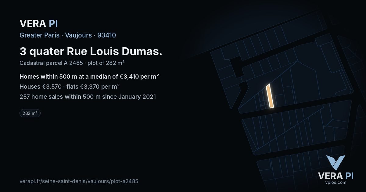 3 quater Rue Louis Dumas, Vaujours at night – the plot lit, the parcels around coloured by the prices near them