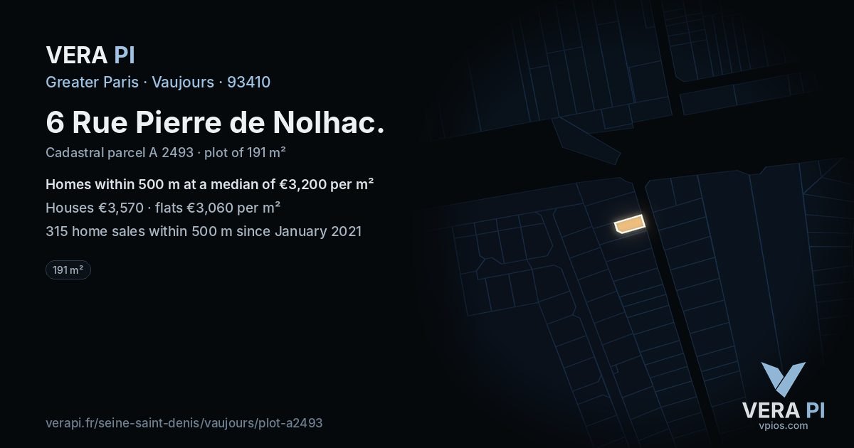 6 Rue Pierre de Nolhac, Vaujours at night – the plot lit, the parcels around coloured by the prices near them