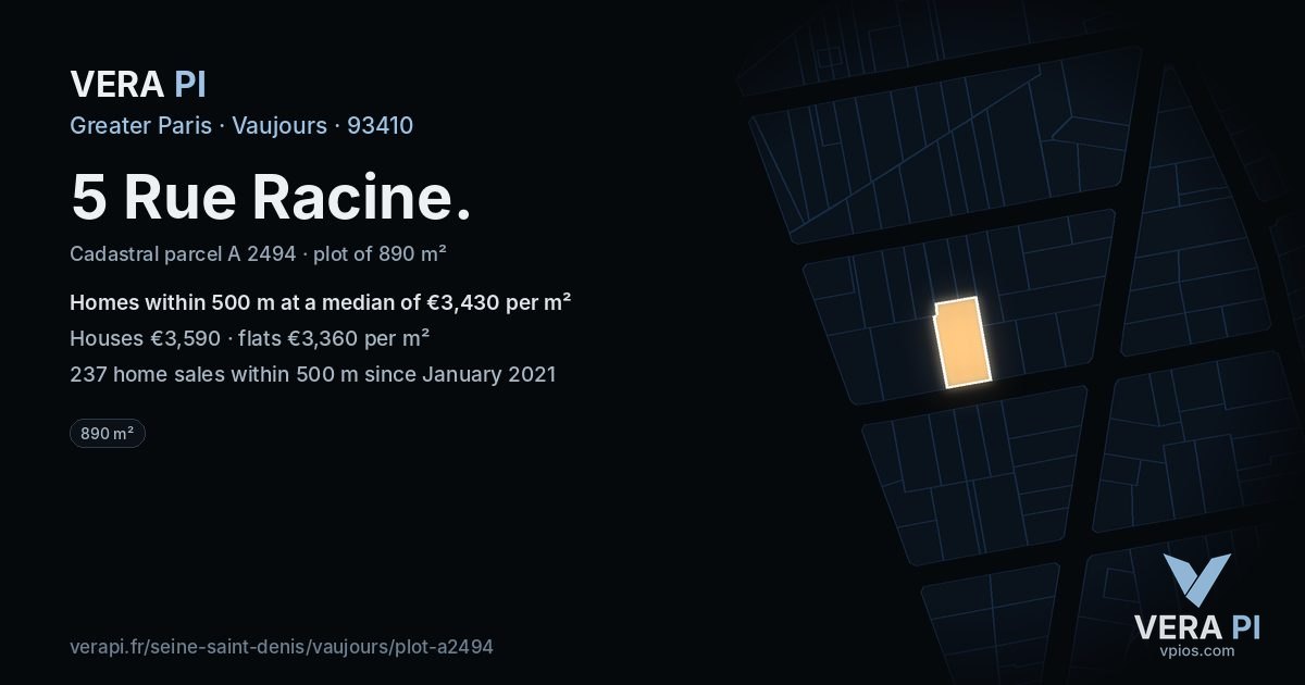 5 Rue Racine, Vaujours at night – the plot lit, the parcels around coloured by the prices near them