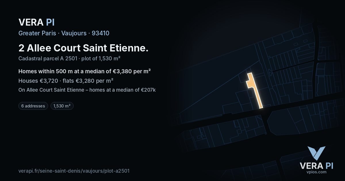 2 Allee Court Saint Etienne, Vaujours at night – the plot lit, the parcels around coloured by the prices near them