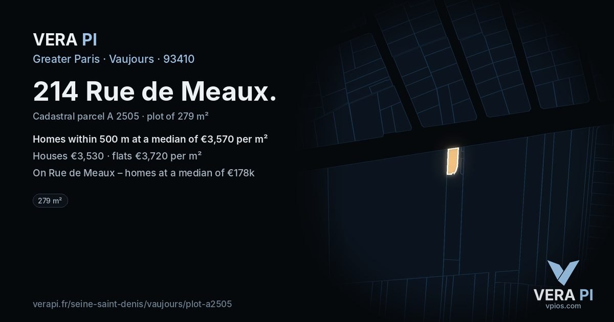 214 Rue de Meaux, Vaujours at night – the plot lit, the parcels around coloured by the prices near them