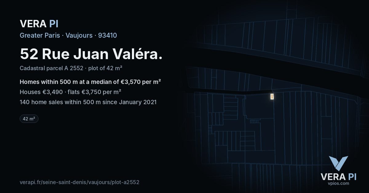 52 Rue Juan Valéra, Vaujours at night – the plot lit, the parcels around coloured by the prices near them