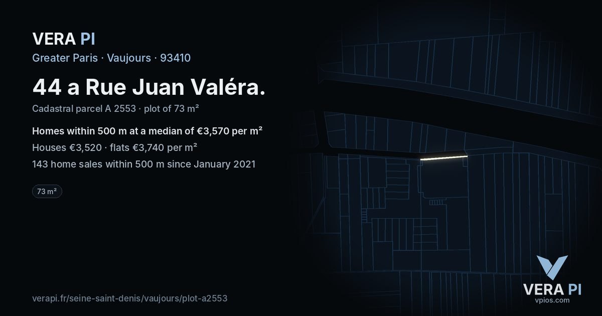 44 a Rue Juan Valéra, Vaujours at night – the plot lit, the parcels around coloured by the prices near them