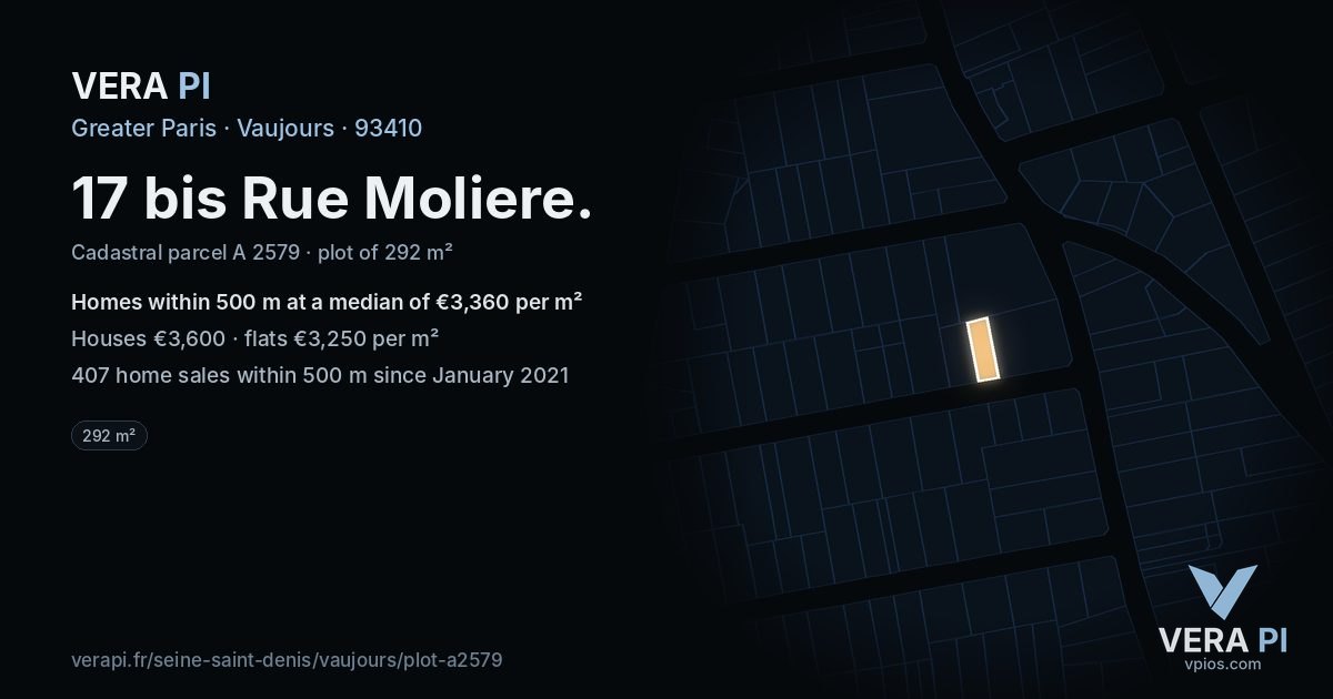 17 bis Rue Moliere, Vaujours at night – the plot lit, the parcels around coloured by the prices near them