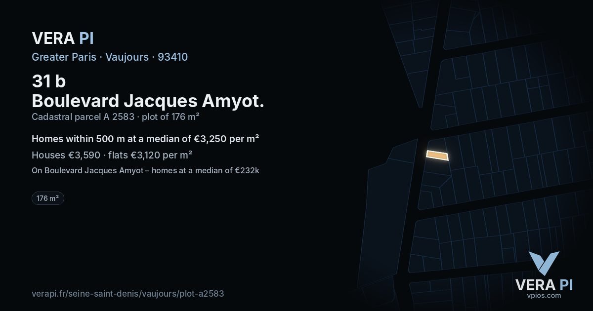 31 b Boulevard Jacques Amyot, Vaujours at night – the plot lit, the parcels around coloured by the prices near them