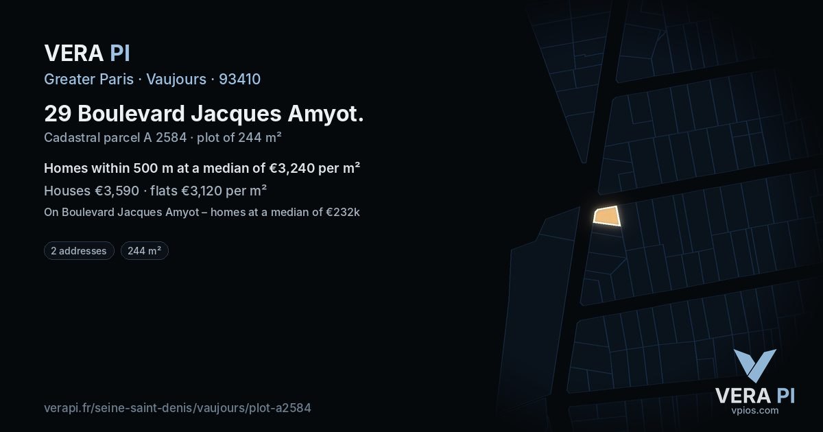 29 Boulevard Jacques Amyot, Vaujours at night – the plot lit, the parcels around coloured by the prices near them