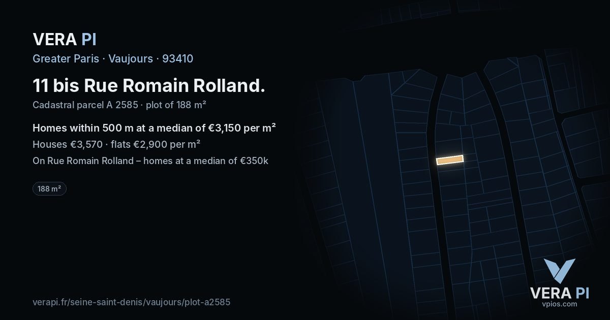 11 bis Rue Romain Rolland, Vaujours at night – the plot lit, the parcels around coloured by the prices near them