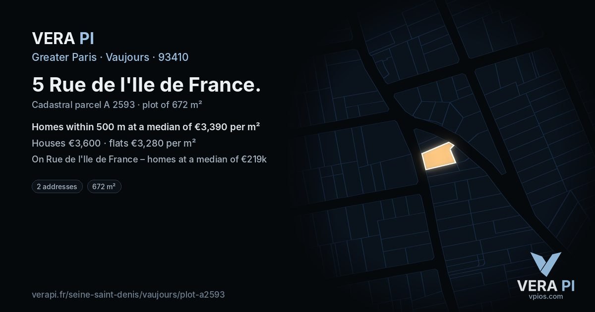 5 Rue de l'Ile de France, Vaujours at night – the plot lit, the parcels around coloured by the prices near them