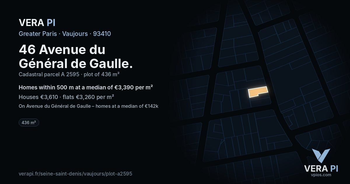 46 Avenue du Général de Gaulle, Vaujours at night – the plot lit, the parcels around coloured by the prices near them
