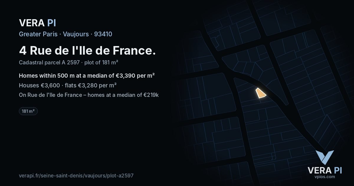 4 Rue de l'Ile de France, Vaujours at night – the plot lit, the parcels around coloured by the prices near them
