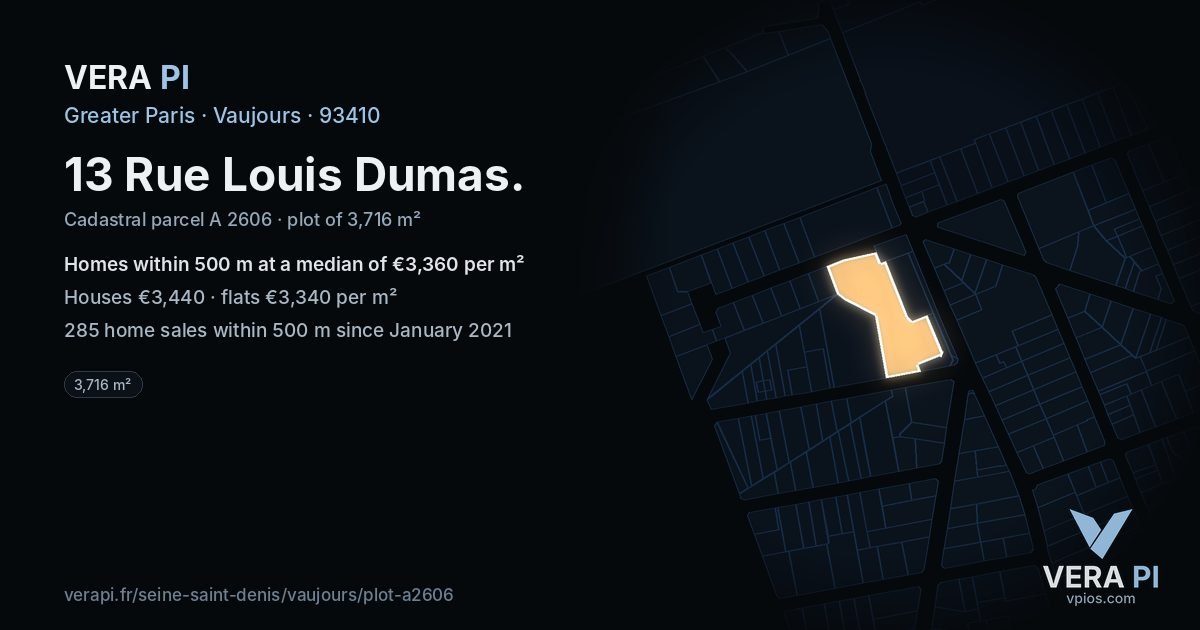13 Rue Louis Dumas, Vaujours at night – the plot lit, the parcels around coloured by the prices near them