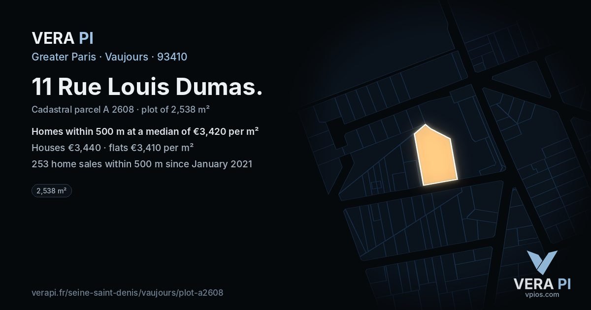 11 Rue Louis Dumas, Vaujours at night – the plot lit, the parcels around coloured by the prices near them