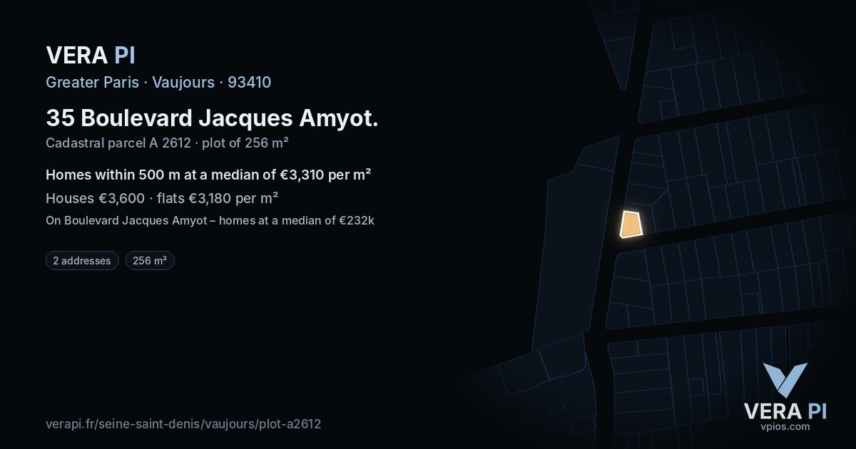 35 Boulevard Jacques Amyot, Vaujours at night – the plot lit, the parcels around coloured by the prices near them