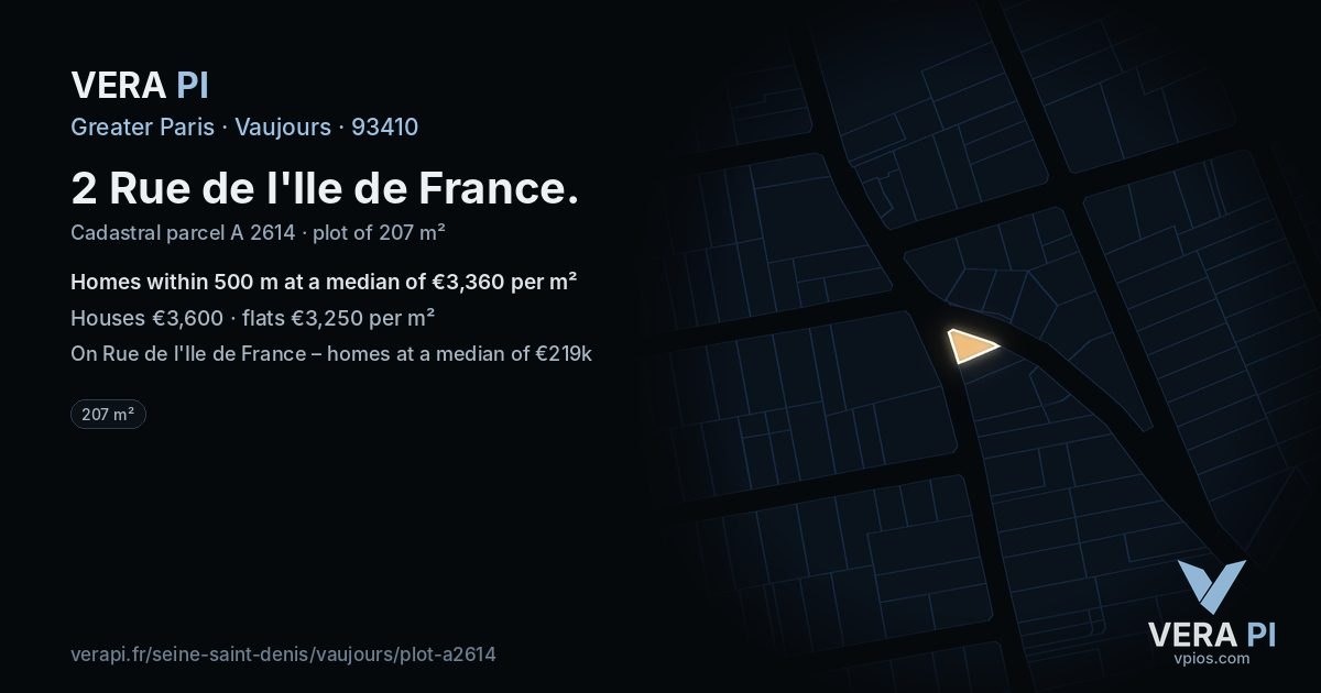 2 Rue de l'Ile de France, Vaujours at night – the plot lit, the parcels around coloured by the prices near them
