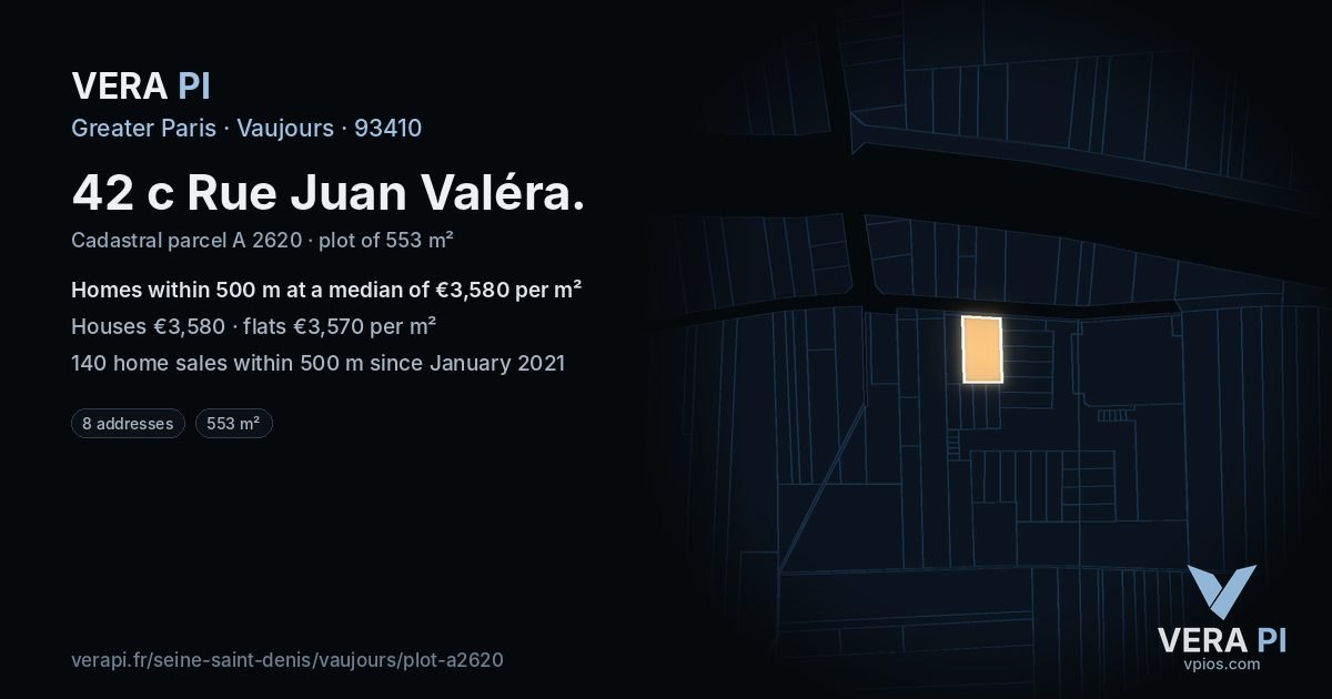 42 c Rue Juan Valéra, Vaujours at night – the plot lit, the parcels around coloured by the prices near them