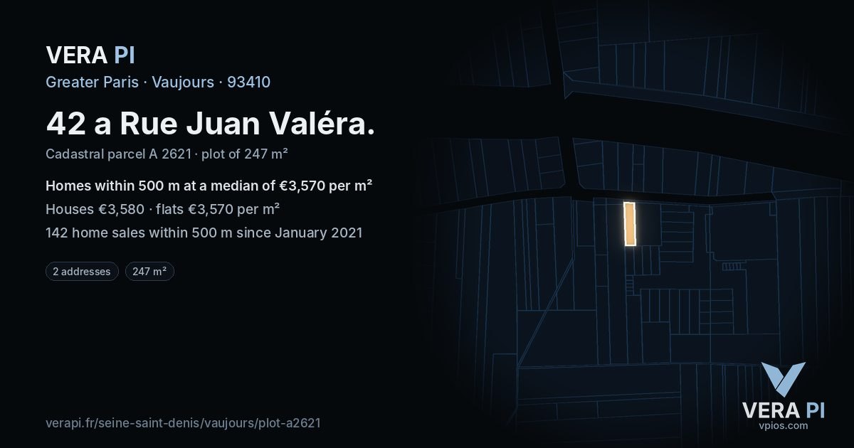 42 a Rue Juan Valéra, Vaujours at night – the plot lit, the parcels around coloured by the prices near them