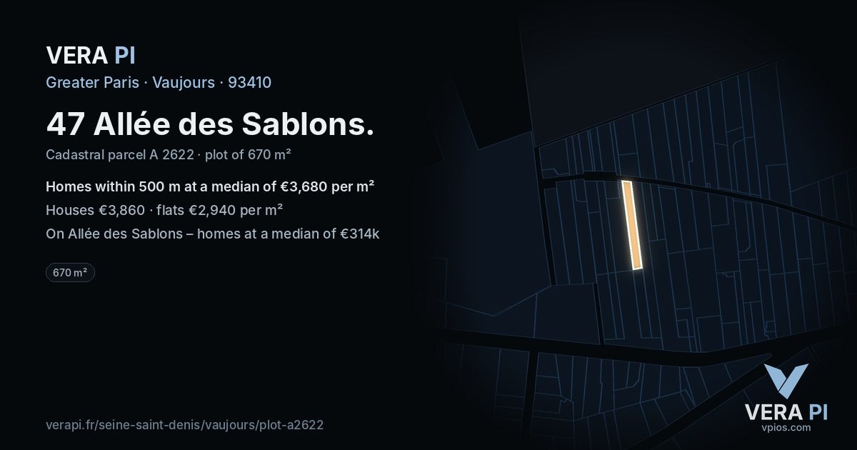 47 Allée des Sablons, Vaujours at night – the plot lit, the parcels around coloured by the prices near them