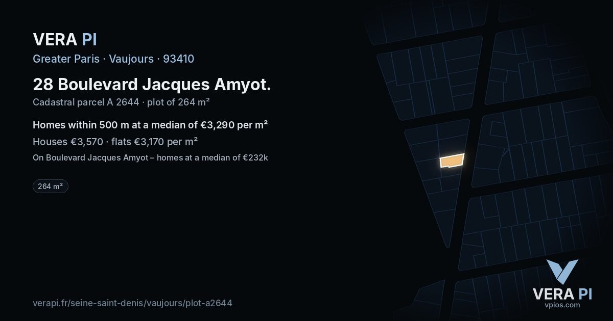 28 Boulevard Jacques Amyot, Vaujours at night – the plot lit, the parcels around coloured by the prices near them