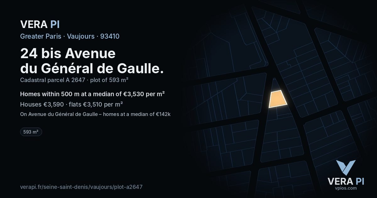 24 bis Avenue du Général de Gaulle, Vaujours at night – the plot lit, the parcels around coloured by the prices near them
