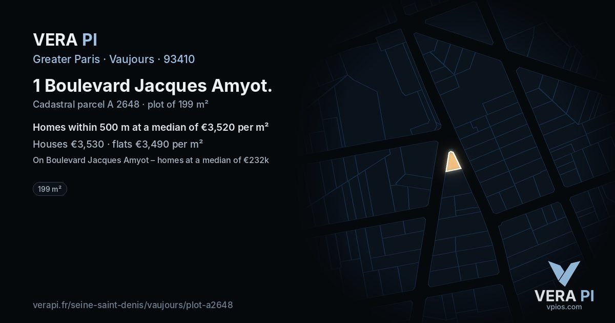 1 Boulevard Jacques Amyot, Vaujours at night – the plot lit, the parcels around coloured by the prices near them